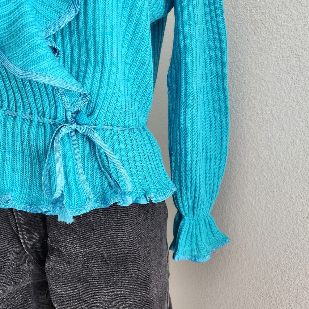 Vintage 70s Blue Teal Knit Ruffle Wrap Cardigan Tie Waist Top S Kentelle - Picture 3 of 16